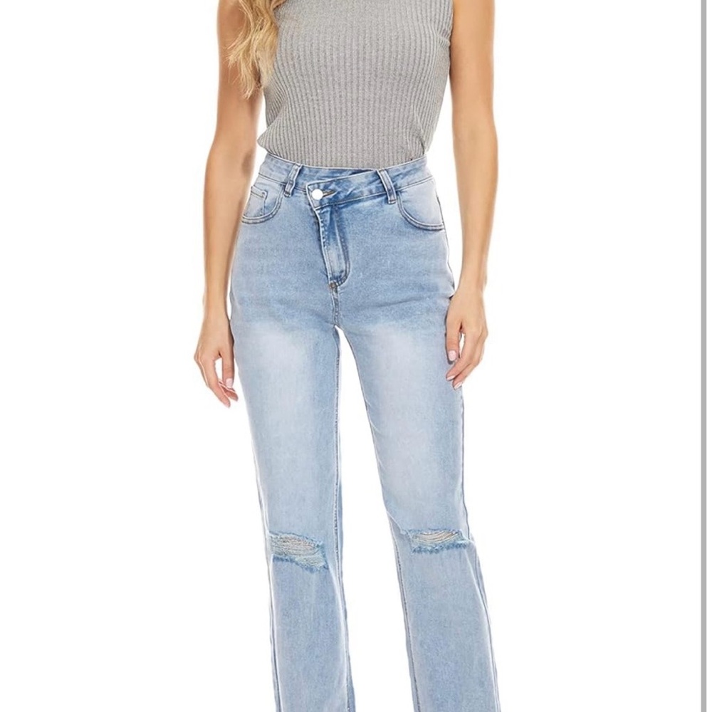 Women Straight Ripped Jeans Waist Crossover Classic Relaxed Fit Mid Rise Size M